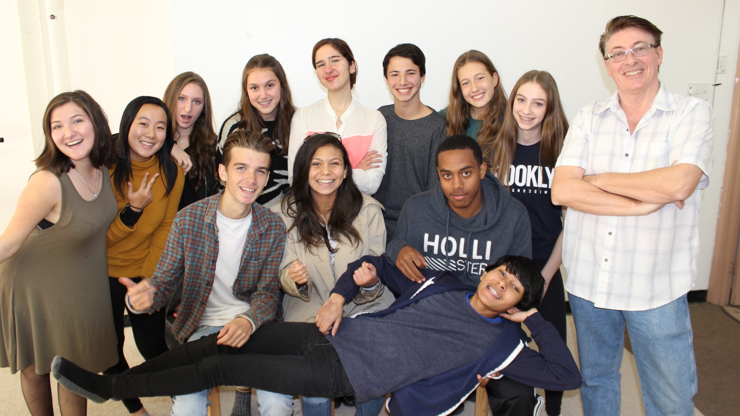 Image of acting teacher Christopher Healy with his acting class students working at 55 Glen Cameron Rd in Thornhill.  Christopher has also been working with the students on the 77 success qualities from his book 