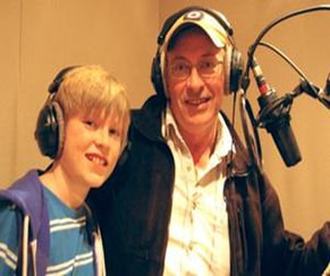 Image of voiceover actors William Healy as Franklin the Turtle, with father and coach Christopher Healy in the studio for the cartoon character Franklin the Turtle.